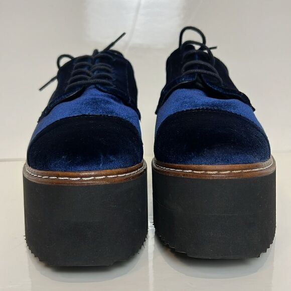 L’intervalle Blue Velvet Platform Wedge Lace Up Shoes Size 38‎ - Picture 13 of 16